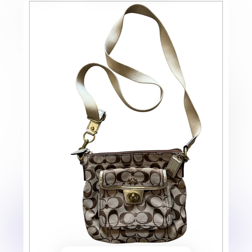 Coach Signature Canvas Crossbody Bag Brown Tan Small‎ Purse